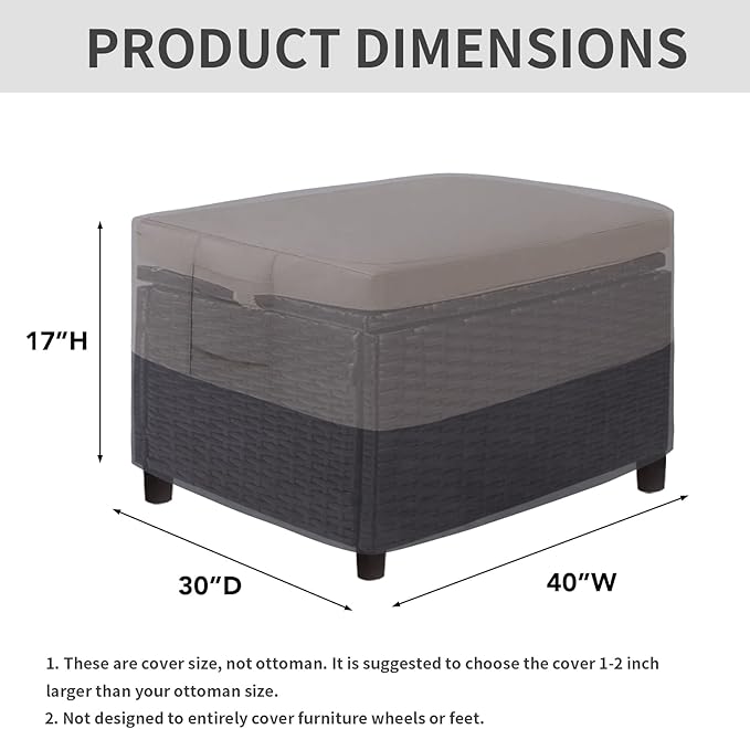 Easy-Going Outdoor Ottoman Cover, Waterproof Patio Ottoman Cover, Heavy Duty Outdoor Furniture Cover with Padded Handles (40"x30"x17", Gray/Dark Gray)