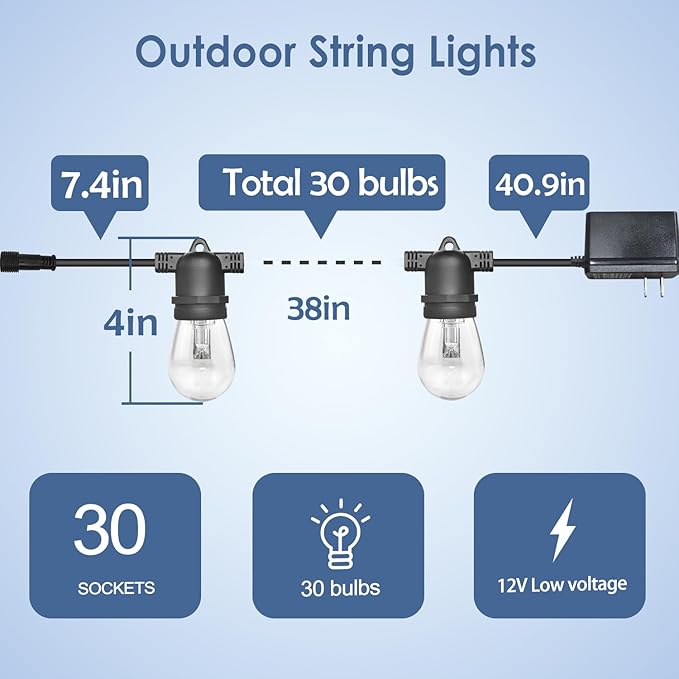 GANA 12V Low Voltage & Safe LED Outdoor String Lights,96FT 30 Shatterproof Bulbs, 2200K Warm White Pergola Lights for Your House's, Garden, Fence, Porch,Balcony,and Bistro（96FT）
