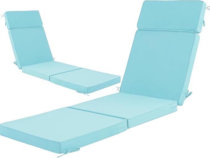 72 x 21 Inch Outdoor Chaise Lounge Cushions Set of 2 - Removable Cover, 4-Section Design, Water-Repellent & Fade-Resistant, 6 Tie Straps, Replacement for Patio & Pool Chairs - Light Blue