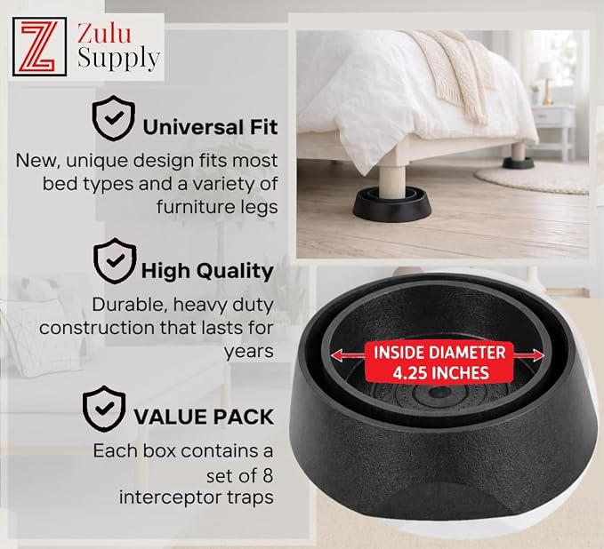 Bed Bug Interceptor Traps – Black 8-Pack Passive Monitor & Detection Trap – Universal Fit for Bed & Furniture Legs – Reusable Non-Climbable Wall Pest Control Protection (Black 8-Pack)