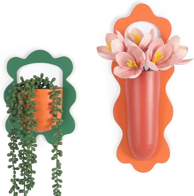 Metal Wall Planters Set of 2, Retro Wavy-Edge Hanging Vases - Orange & Green Red Iron Wall-Mounted Planters for Indoor Plants, Flowers & Home Decor (Living Room, Bedroom, Bathroom)