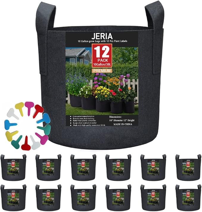 JERIA 12-Pack 10 Gallon Grow Bags, 300G Thickened Nonwoven Garden Pots,Heavy Duty Fabric Pots with Reinforced Handles