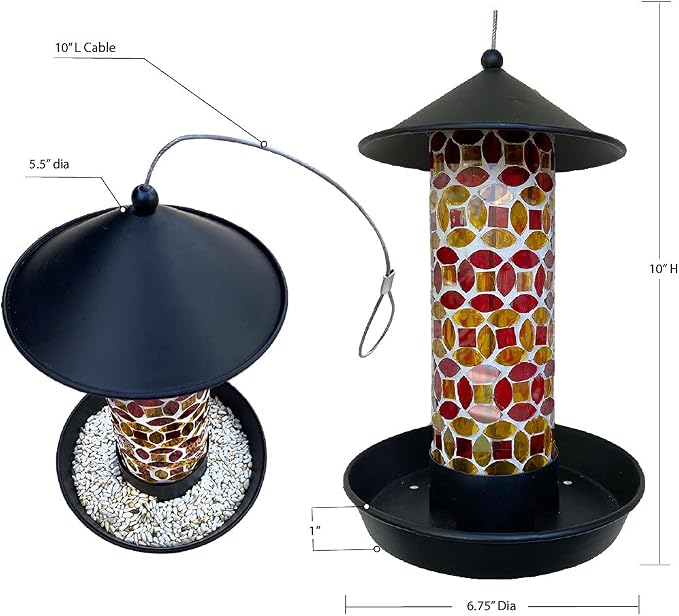 Lily's Home Outdoor Hanging Mosaic Glass Bird Feeder, Lantern Shape with Metal Hook and Roof for Wild Birds, Garden Decor for Lawn and Patio, Unique Gift for Bird Lovers(10Inch)