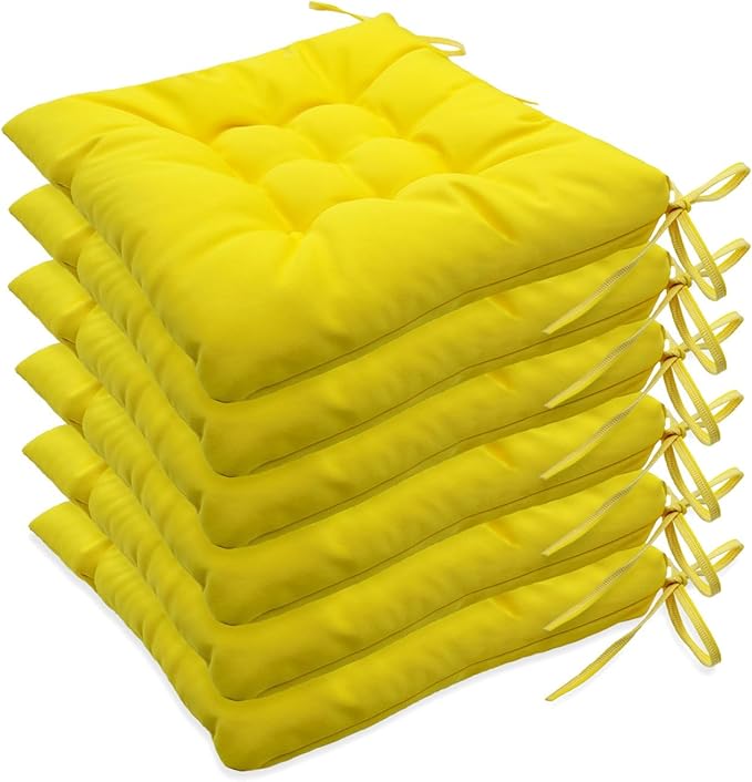 Outdoor Indoor Tufted Chair Cushions, Seat Cushions with Ties, Chair Pads Waterproof for Porch Kitchen Office Garden Yellow 16" x 16", Set of 6