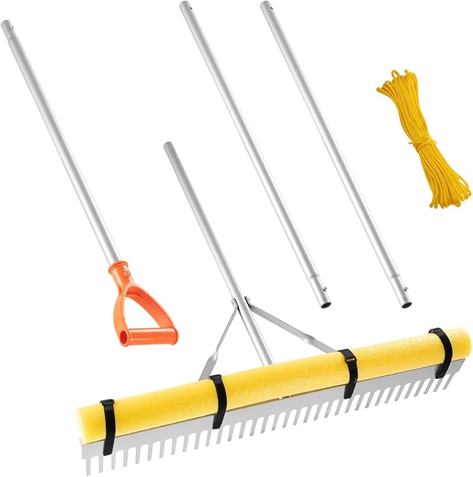 VEVOR Landscape Rake, 36 inch Wide Head 102 inch Handle, Large Heavy Duty Aluminum Landscaping Leaf Rake Tool, Asphalt Level for Loosening Soil, Garden & Yard, Pond Gravel & Beach Lawn Care, 52ft Rope