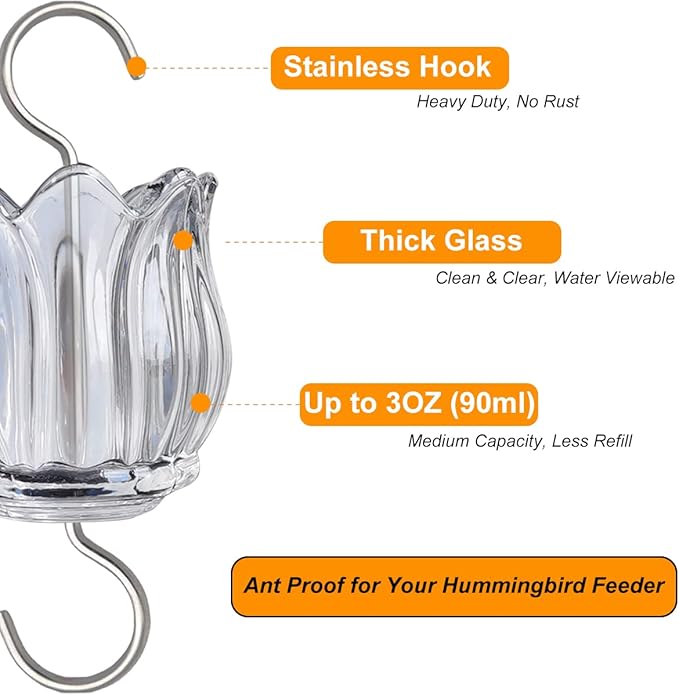Glass Ant Moat for Hummingbird Feeder - 2PC x 3 OZ Clear Tulip Insect Guard with Large Capacity