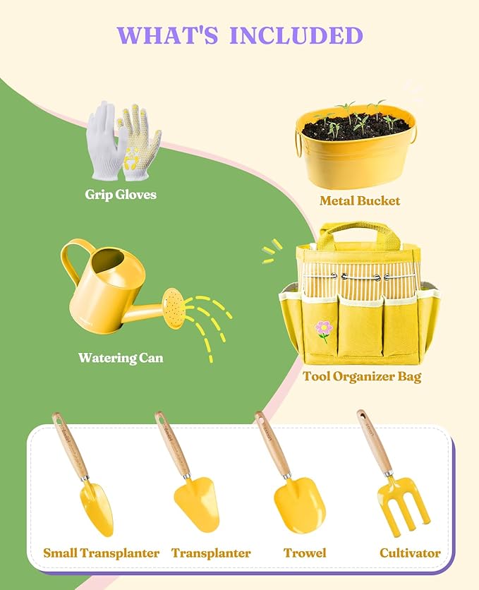 8Pcs Kids Gardening Set with Metal Basket & Real Metal Tools, STEM Outdoor Kit, Ergonomic Wooden Handles, 3 Shovels, Rake, Watering Can, Gloves, Gift for Toddler Boys Girls, Yellow