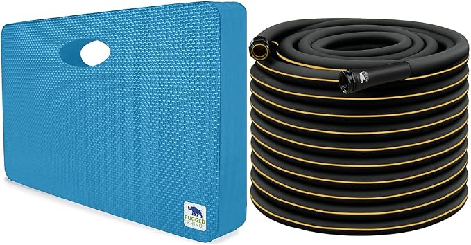 RUGGED RHINO Kneeling Pad and Garden Hose Bundle, Blue Kneeling Pad is 17.5x11 Inch, Garden Hose is 25 Feet Long, Black Color, 2 Item Outdoor Bundle