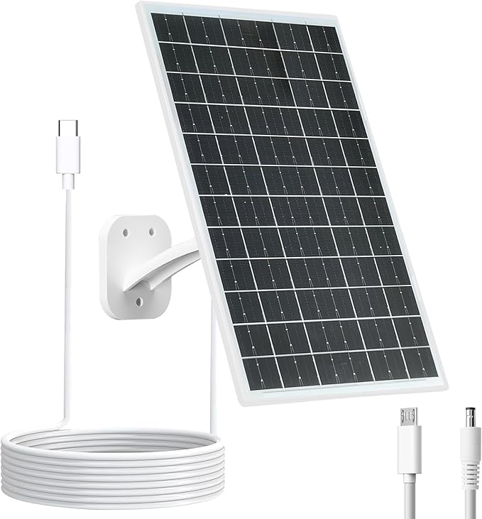 13W Solar Panel for Security Cameras, 5V Output, USB-C/Micro USB/DC (5.5x2.1mm), 360° Adjustable Mount, IP66 Waterproof, 7.2FT Cable, Outdoor Solar Charger