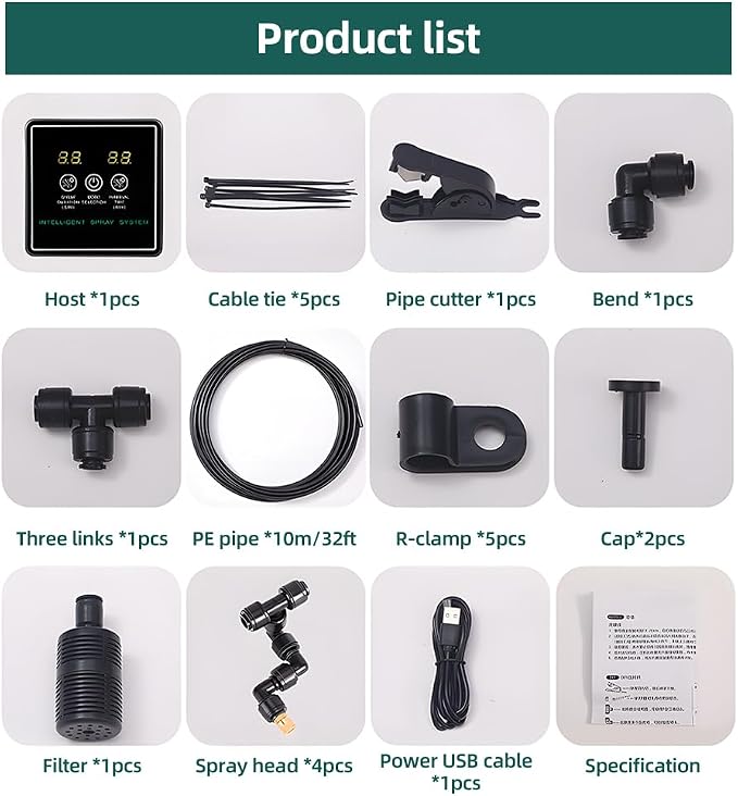 Yosoo Automatic Reptile,Fogger with Touchscreen Controller 360 Rotation Fog Nozzle for Plant Humidification with Intelligent Timing and Auto Cycle (10m 4 Nozzles)