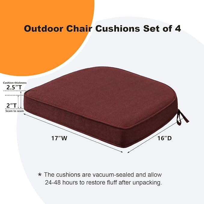 Unimatta Sunbrella Round Corner Seat Cushions, 17" x 16" x 2", Set of 4, Indoor Outdoor Water Repellent Universal Chair Pads with Ties for Patio Furniture, Garden Dining Chairs, Spectrum Brick