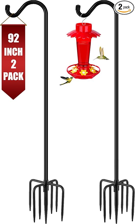 Gtongoko 92 Inch 2 Pack Bird Feeder Poles for Outdoors Heavy Duty, Shepherds Hooks for Outdoor, Hummingbird Feeder Stand, Adjustable Hanger for Plant, Lights, Lanterns Wedding Decor with 7 Prongs Base