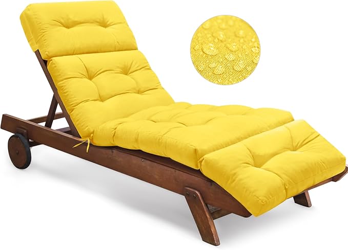 Waterproof Outdoor Chaise Lounge Chair Cushion 74.4 x 22 x 4.7 Inches Memory Foam Lounge Chair Cushions for Outdoor Furniture with Ties, Thickened Pool Chaise Lounge Chair Cushions, Yellow