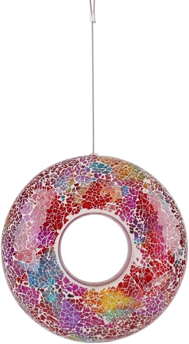 DUSVALLY 9 inch Fly Through Bird Feeder for Wild Birds, Colored Glass Mosaic Outdoor Hanging Feeder - Squirrel Proof Design, Easy to Clean, Weather Resistant Garden Decor for Hummingbirds Finches