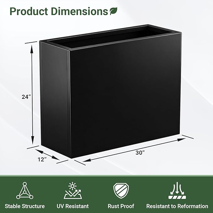 Metal Planter Box 30” x 12” x 24”, Heavy Duty Tall Rectangle Planter Box with with Drainage Holes & Rust-Proof Coating, Modern Outdoor/Indoor Black Planter Box for Porch, Garden, Patio, Yard