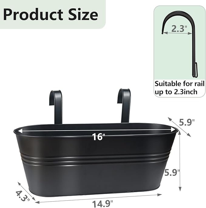 16 Inch 4 PCS Metal Hanging Flower Pots for Railing Fence, Large Railing Planters for Outdoor Plants, Fence Hanging Planters with Detachable Hooks for Garden Balcony