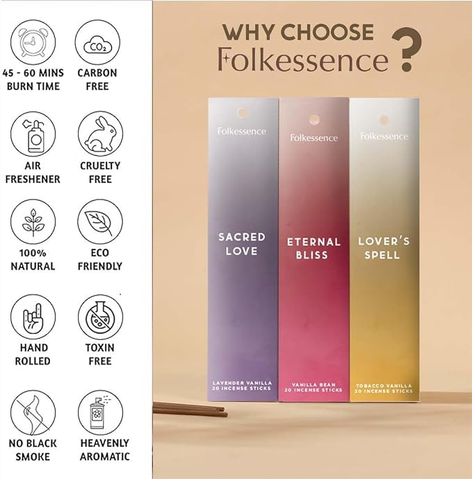 Folkulture Incense Sticks with Holder (120 Sticks) | Set of 6 Incense Sticks for Aromatherapy, Focus | No Charcoal, Organic, Non Toxic, 45 Mins, Long Burning Vanilla, Coconut, Lavender Insence-Sticks