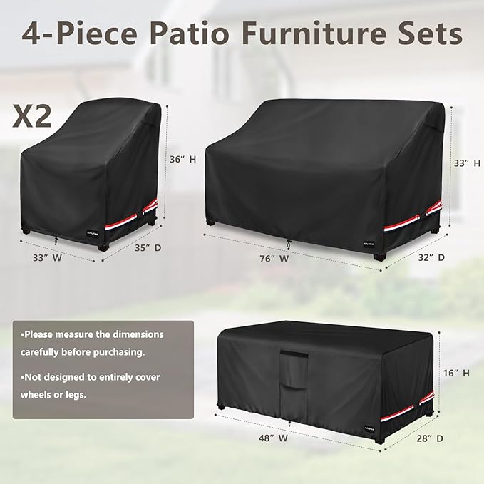 Rileytee Patio Furniture Set Covers, 4 Pcs 600D Heavy Duty 100% Waterproof Outdoor Furniture Cover, Fit Patio Loveseat, Chair and Coffee Table (Black,Large)