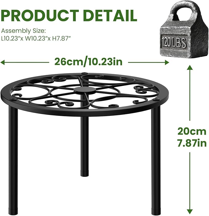 TOSKING 2-Pack Heavy Duty Metal Plant Stand Holds 120 lbs - 10.2" Classic Scroll Pattern Round Stand for Medium to Large Pots, Adjustable Feet & Rustproof Finish, Indoor/Outdoor, Black (10.2"D x 7.9"H)