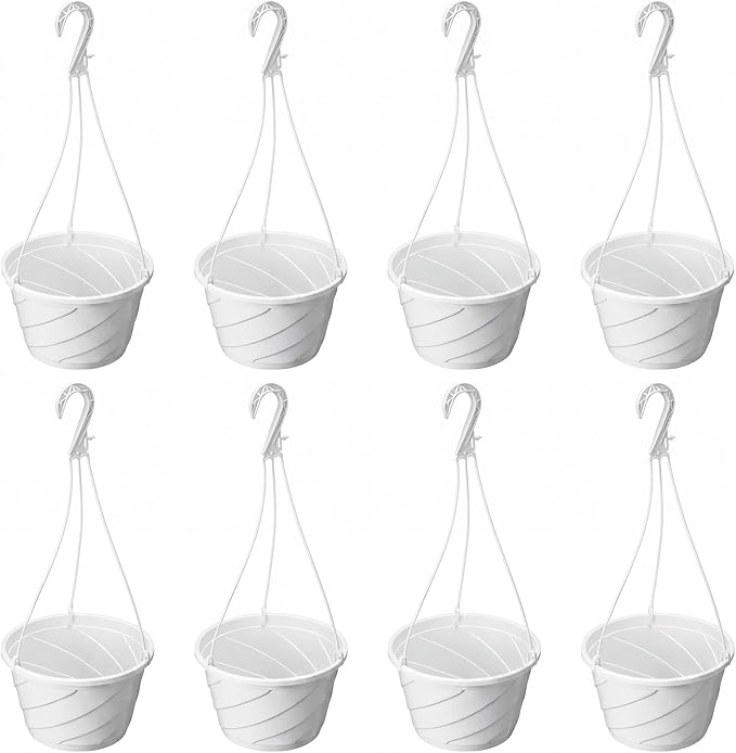 8 Pcs 10 Inch Modern Euro Swirl Hanging Planter Uv-Resistant Plastic Hanging Basket Smart Drainage Lightweight Indoor Outdoor Flower Pots for Garden Porch Balcony Patio Home Decor (White)