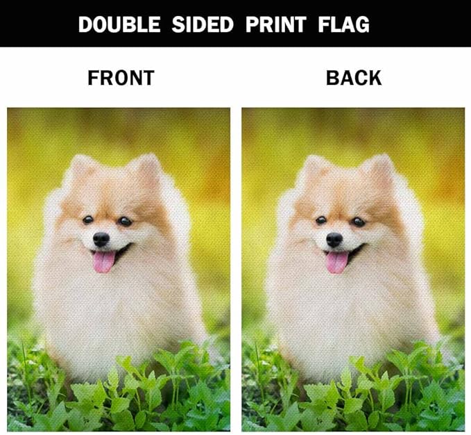 AOYEGO Pomeranian Dog House Flags 28 x 40 Double Sided Burlap Cute Spring Park Surrounded on Sunny Day Yard Flags Spring Summer Farmhouse Seasonal Outdoor Flag