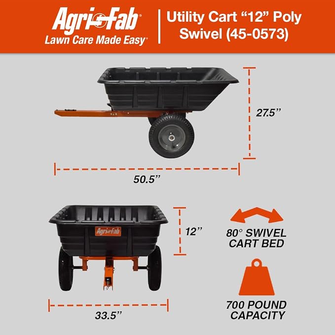 Agri-Fab Tow Behind Poly Dump Swivel Cart for Lawn Tractors and Mowers, 700 lb Capacity with Foot Dumping Mechanism