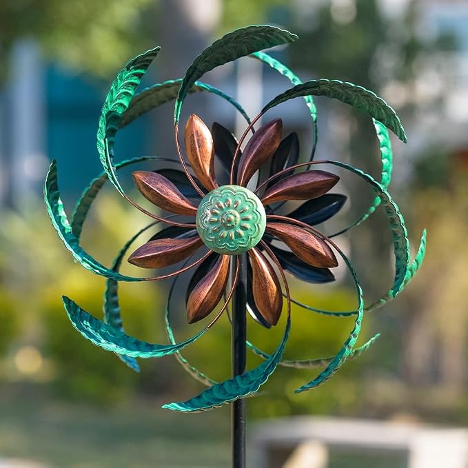 Viveta Outdoor Wind Spinner, Green Leaf Wind Sculptures, Metal Windmill Garden Pinwheels for for Patio, Lawn, Yard