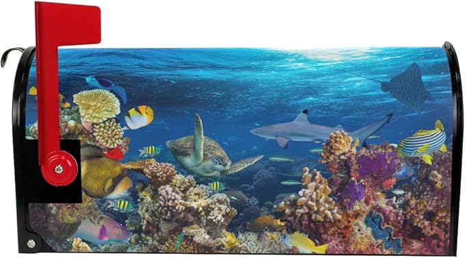 ZZKKO Magnetic Mailbox Covers Ocean Marine Life Turtle Shark Coral Reef Landscape Letter Box Cover Colorful Painting Graden Outdoor Decorations,20.8x18 Inch Standard Size,Multicolor
