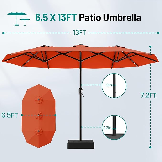 AreShark 13 FT Patio Umbrella with Solar Lights, Double-Sided Outdoor Table Umbrellas with Crank, Large Rectangular Market Umbrella for Porch, Lawn, Pool, Backyard, Orange