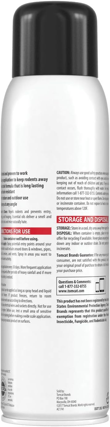 Tomcat Rodent Repellent Continuous Spray - Indoor and Outdoor Mouse and Rat Deterrent, No-Stink Cinnamon, Peppermint and Garlic Essential Oil Formula, 2-Pack