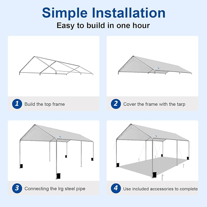 Carport Canopy 10'x20' Heavy Duty Carport, Waterproof & UV Protected Garage Top Tarp Shelter Cover with Reinforced Steel Cables, Outdoor Portable Garage for Car, Boat Tent, Light Grey