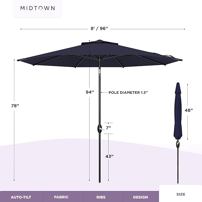 Midtown Umbrellas - 10-Year-No-Fade 8 Ft Patio Umbrella with Terylast Fabric, Auto-Tilt Aluminum Frame and 8 Reinforced Ribs for Deck, Pool, Garden & Beach - Navy Blue Canopy, Black Pole