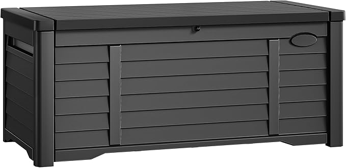 DWVO 150 Gallon Louvered Outdoor Storage Box, Lockable Resin Deck Box for Pillows, Tools, and Pool Supplies - Black