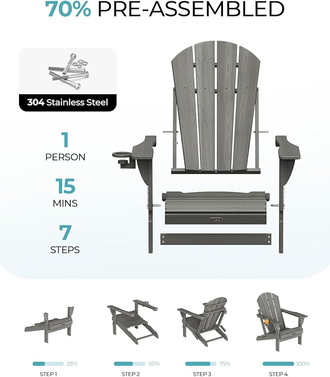 Ciokea Folding Adirondack Chair 6 Pack, Patio Adirondack Chair Weather Resistant, Plastic Fire Pit Chair with Cup Holder, Lawn Chair for Outdoor Porch Garden Backyard Deck (Grey)