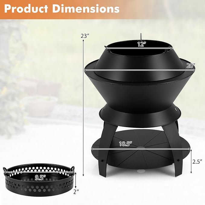 Tangkula Outdoor Fire Pit, 20 Inch Metal Fire Bowl with Pot Holder & Storage Shelf, Oxygen-Enriched Burning, 3-in-1 Wood Buring Firepit Fireplace for Patio, Camping, BBQ, Backyard