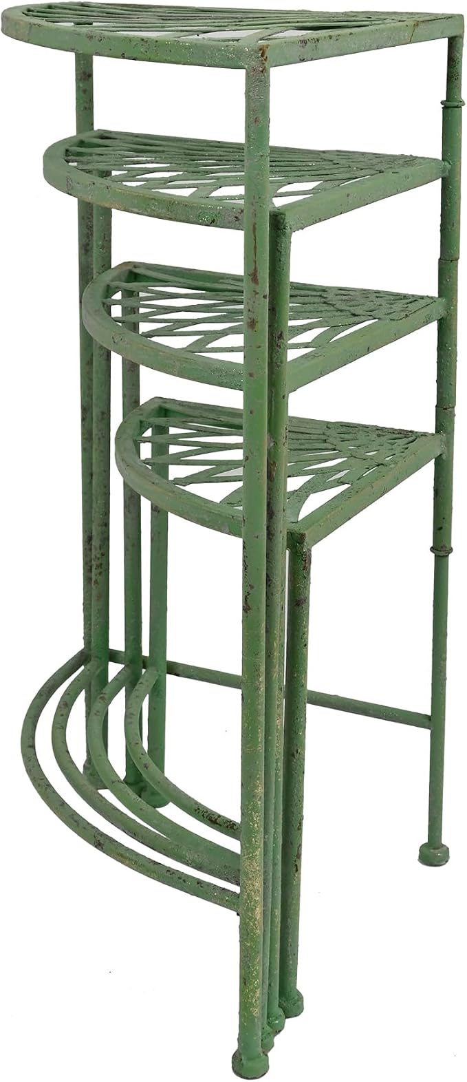 Rustic 4 - Tier Metal Plant Stand - Foldable Distressed Green Corner Plant Rack, Vintage Flower Pot Holder Shelves for Patio Porch Garden Balcony Living Room Use, Indoor/Outdoor Home Decor (Green)