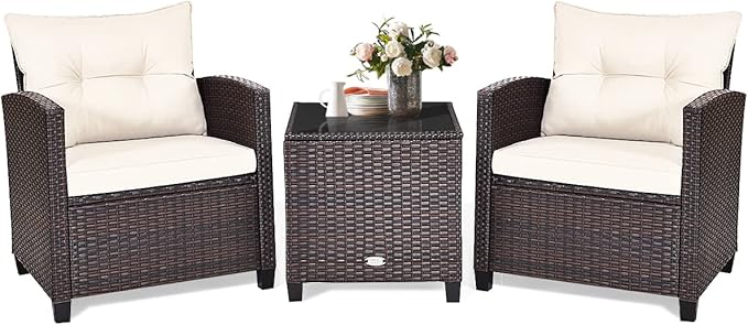 COSTWAY 3PCS Patio Furniture Set, PE Rattan Wicker Sofa w/Washable Cushion and Coffee Table, Tempered Glass Tabletop, Outdoor Conversation Set for Balcony, Porch, Yard, Backyard, Lawn, White