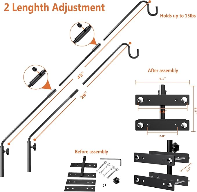 29-43" Adjustable Deck Railing Hook,Heavy Duty Rotating Plant Hanger | Double Clamps for Bird Feeders, Planters, Lanterns & Wind Chimes | Shepherd Bracket for Deck, Patio & Garden Use