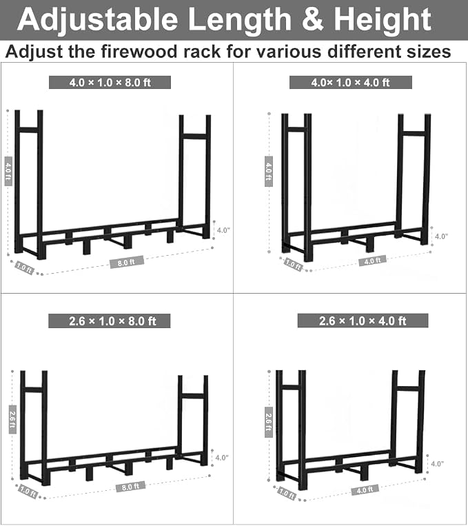 8ft Firewood Rack Outdoor Adjustable Heavy Duty Wood Rack Fire Wood Holder for Indoor Storage Fireplace Metal Lumber Organizer Stand Stacker, Black
