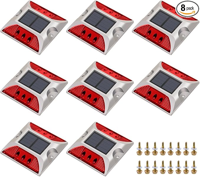 Solar Raised Pavement Marker High Brightness IP68 Waterproof Solar Powered Reflector Road Solar Blinker Light for Anti-diecast Aluminum Protruding Signs Safety Warning (Red)