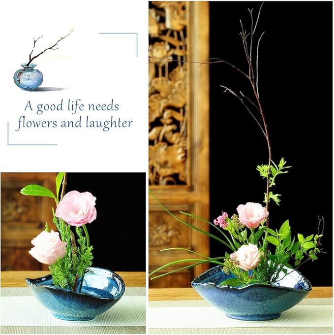 WANDIC Floral Arranging Vase, Blue Irregular Oval Shape Ceramic Ikebana Vases with 3.5cm Mini Round Flower Frog for Ikebana Floral Arrangement Art Home Decor