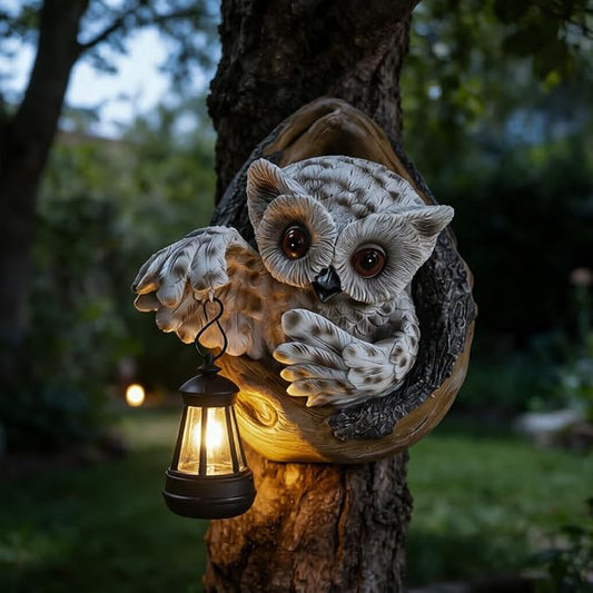 Outdoor Resin Owl Statue with Solar-Powered Lantern, Brown, Garden Sculpture, 7.8 x 6.89 x 4.53 Inches Trunk & Fence Decorations