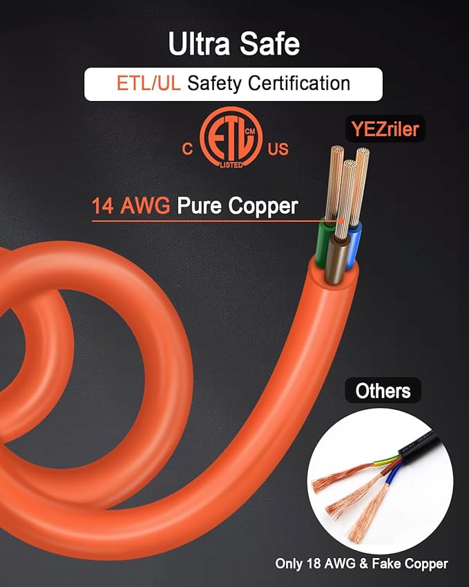 YEZriler 5M/16.4FT Heavy-Duty Charging Cable for Jackery Power Station Explorer 3000/2000/1500/1000, Ecoflow Delta/River/Series, Bluetti EB3A, Anker 757/767, 125Volt 15Amps AC Power Cord - Orange