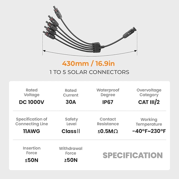 Solar Panel Connector 5 to 1 Solar Y Branch Solar Panel Splitter 5 Way Solar Panel Parallel Connectors Solar Adapter Cable Plug Pair for Solar System Panel(1 Pair 5 to 1)