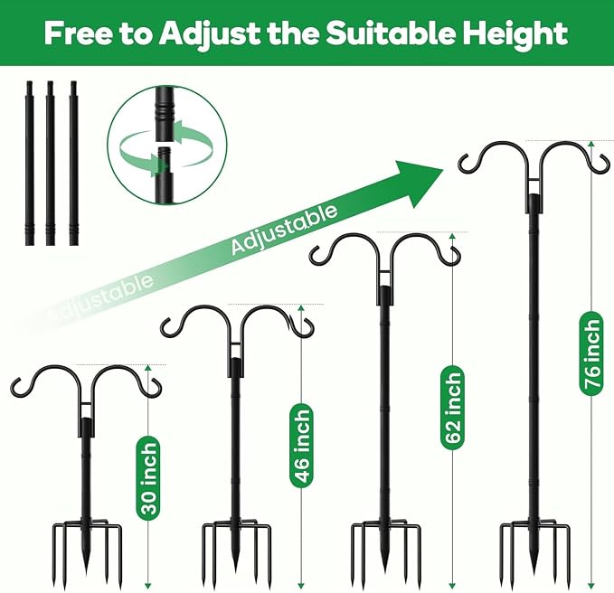 BEAU JARDIN Double Shepherds Hooks for Outdoor 76”2 Pack Adjustable Shepard for Garden Hummingbird Bird Feeder Pole 5 Prong Base Heavy Duty Metal Plants Hanger Lanterns Wind Chime Wedding for Outside