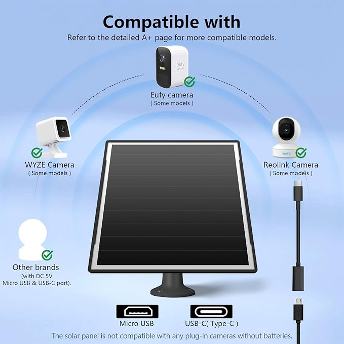 8W Solar Panel for Outdoor Security Camera, 5V Micro USB and USB - C Solar Panel Charger ，Fits Eufy/Wyze/Reolink DC 5V Output, IP65/360° Adjustable, 9.8ft Cable, Fast Charging