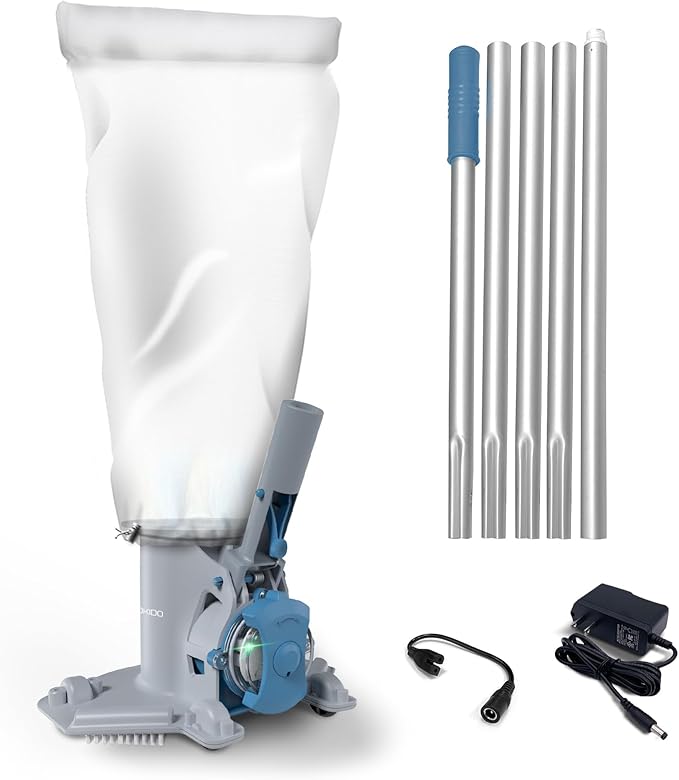 KOKIDO Rechargeable Medium Duty Pool Leaf Vacuum Cleaner with Pole, Runs 75-Mins, for Pool Closing, Oversized Debris Filter, for Debris and Leaves < 6 inches, for Inground and Above Ground Pools XV410