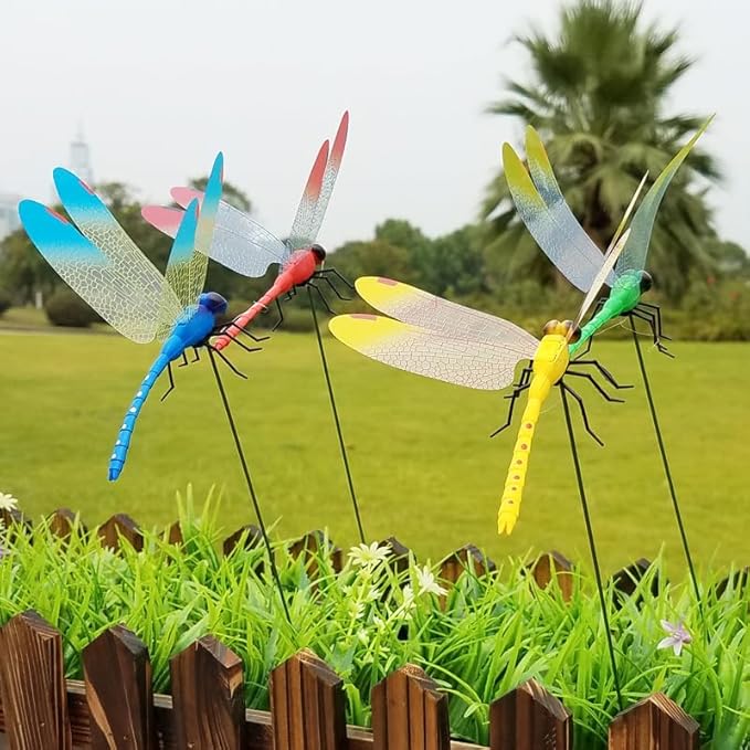3 Pack Dragonfly Clip,3D Dragonfly Garden Stakes Decor,Dragonfly Humming Bird Stakes,Deer and Horse Fly Deterrent,Garden Bird and Fly Scare Devices for Indoor Outdoor (3pcs)