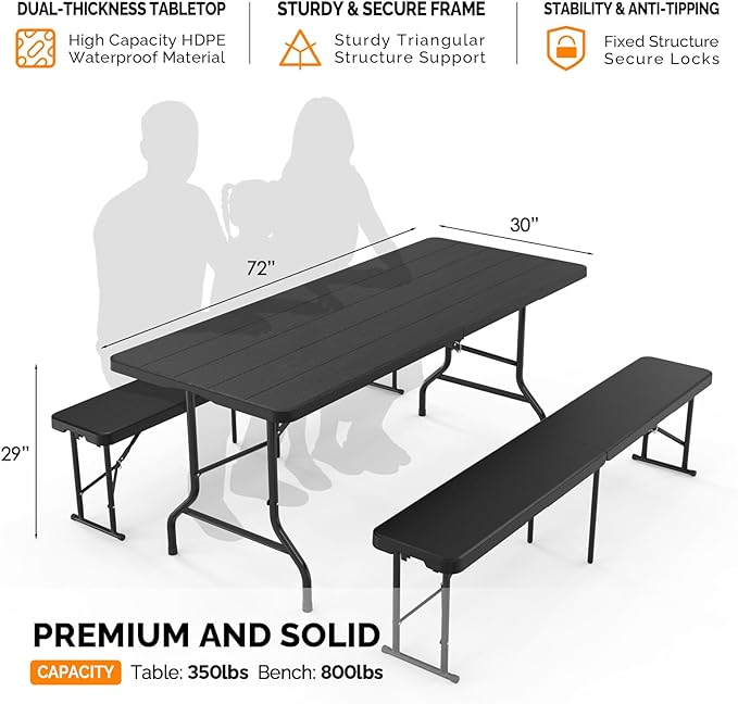 Bonnlo Black Folding Picnic Table Set with 2 Benches, 6 Feet Camping Table Chair Set, Modern Portable 3-Piece Furniture for Indoor/Outdoor Use, White Folding Picnic Table with Smooth Tabletop