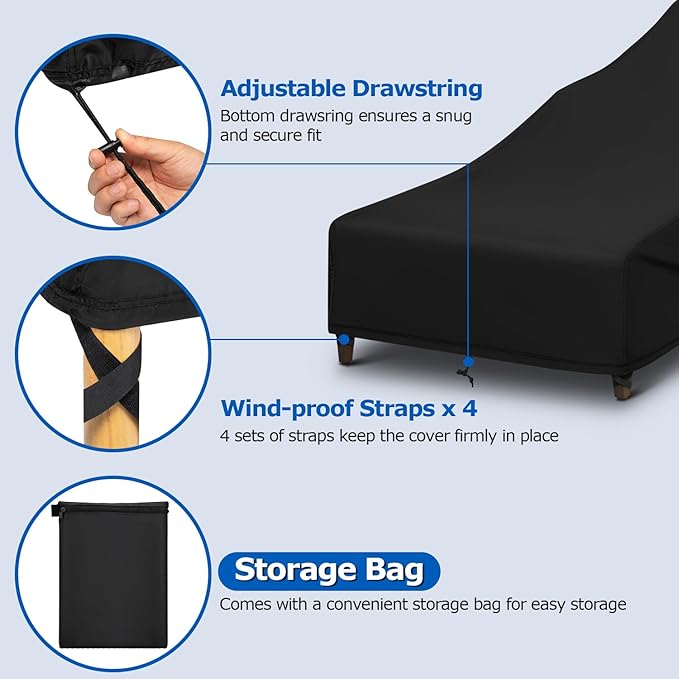 SunPatio Chaise Lounge Covers Outdoor Waterproof, 2 Pack Patio Lounge Chair Covers with Windproof Straps, Outdoor Patio Furniture Protector All Weather Protection, 70" L x 30" W x 26" H, Black